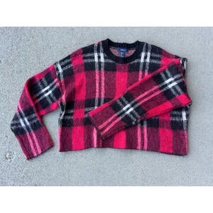 Red Blk Plaid Fuzzy Sweater Women L Y2K Grunge 90's Revival Academia Cozy Preppy